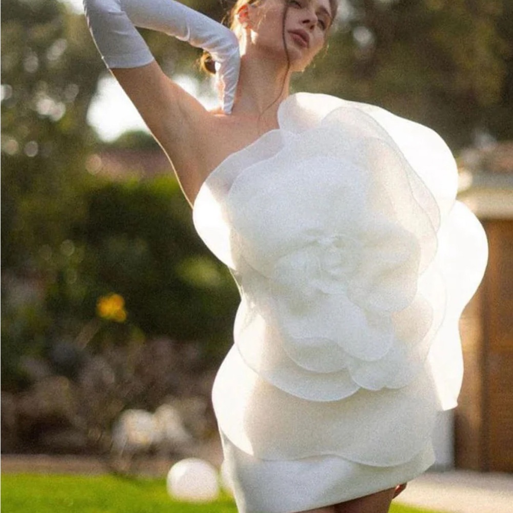 White Asymmetrical Ruffled One Shoulder Bridal Dress